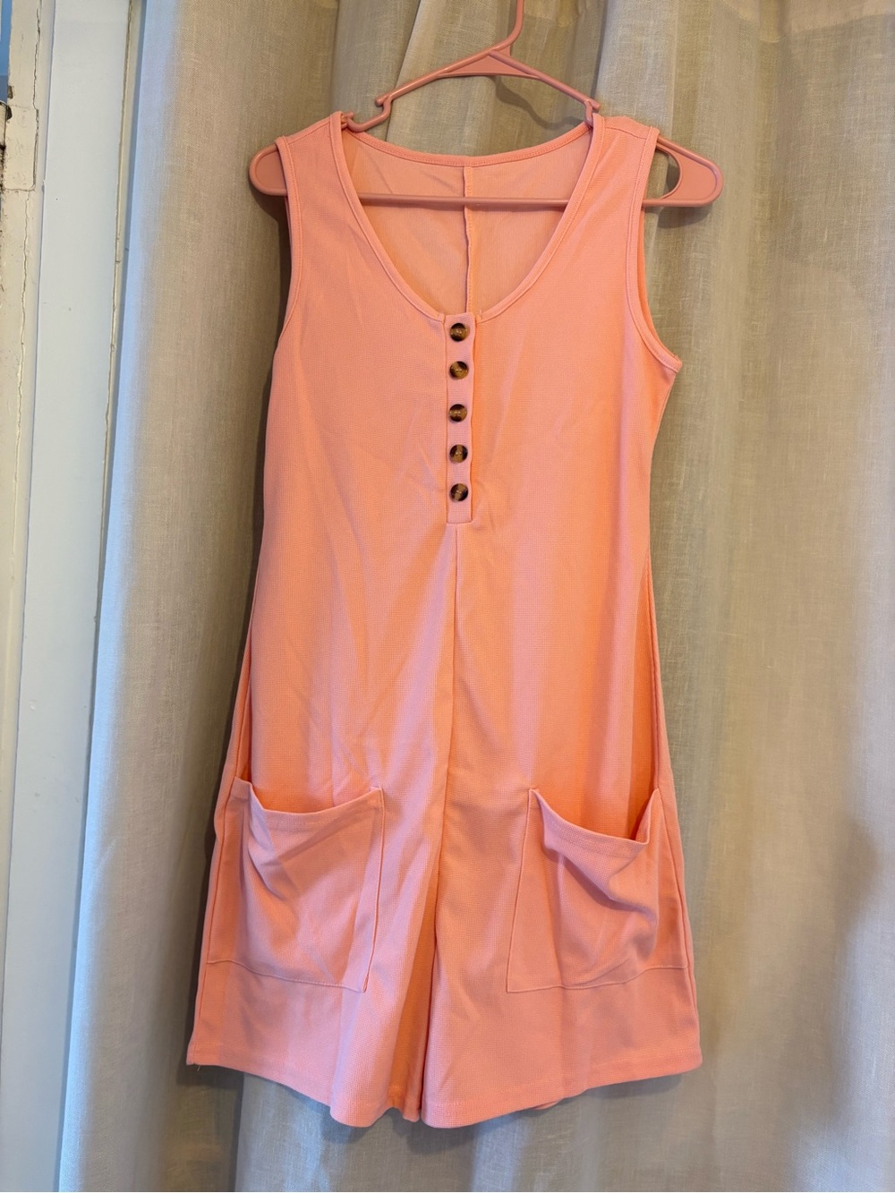 Sleeveless Pink Romper with Front Buttons and Pockets